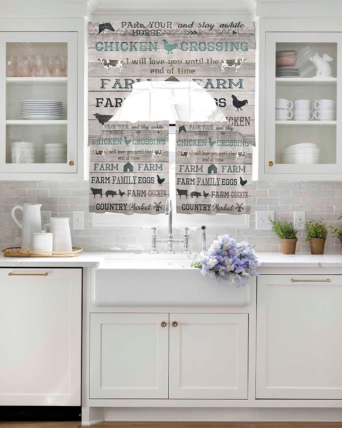 Farmhouse Swag Kitchen Curtains Valance and Tier Set, Rod Pocket Short Curtain