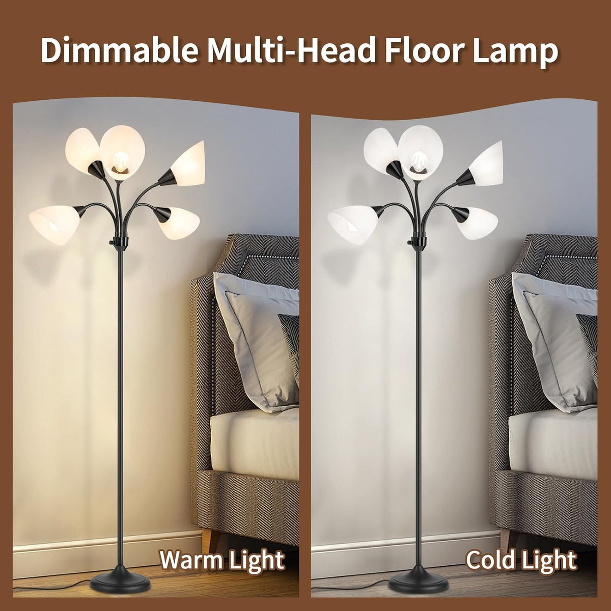 HonoDing Medusa Floor Lamps Standing Lamps 5 Heads Adjustable Reading Light Large Shade Use E26 A19 Bulb Floor Lamps for Living Room Bedroom (Black)