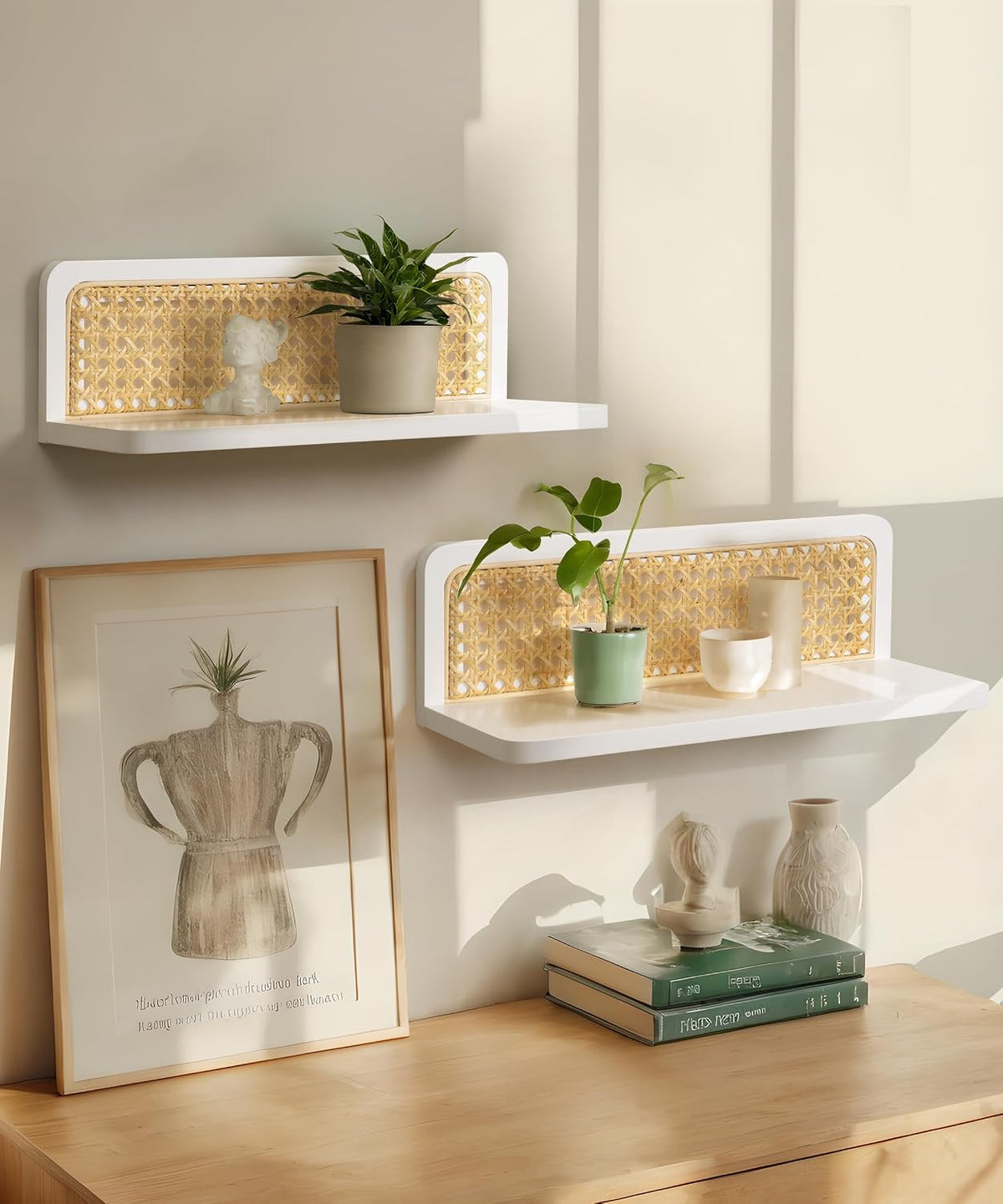 Maxpeuvon Rattan Floating Shelves for Wall Set of 2, White Wall Shelves