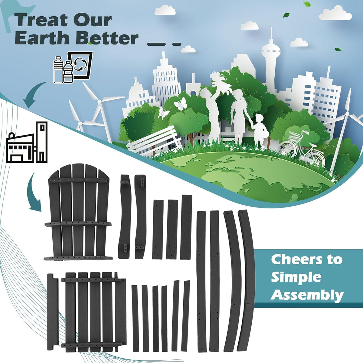 GIANTEX Outdoor HDPE Bar Stool, Tall Adirondack Chair with Armrests and Footrest, 30 Inches Counter Height Bar Stool for Garden, Backyard, Weather Resistance, Easy Maintenance (1, Black)