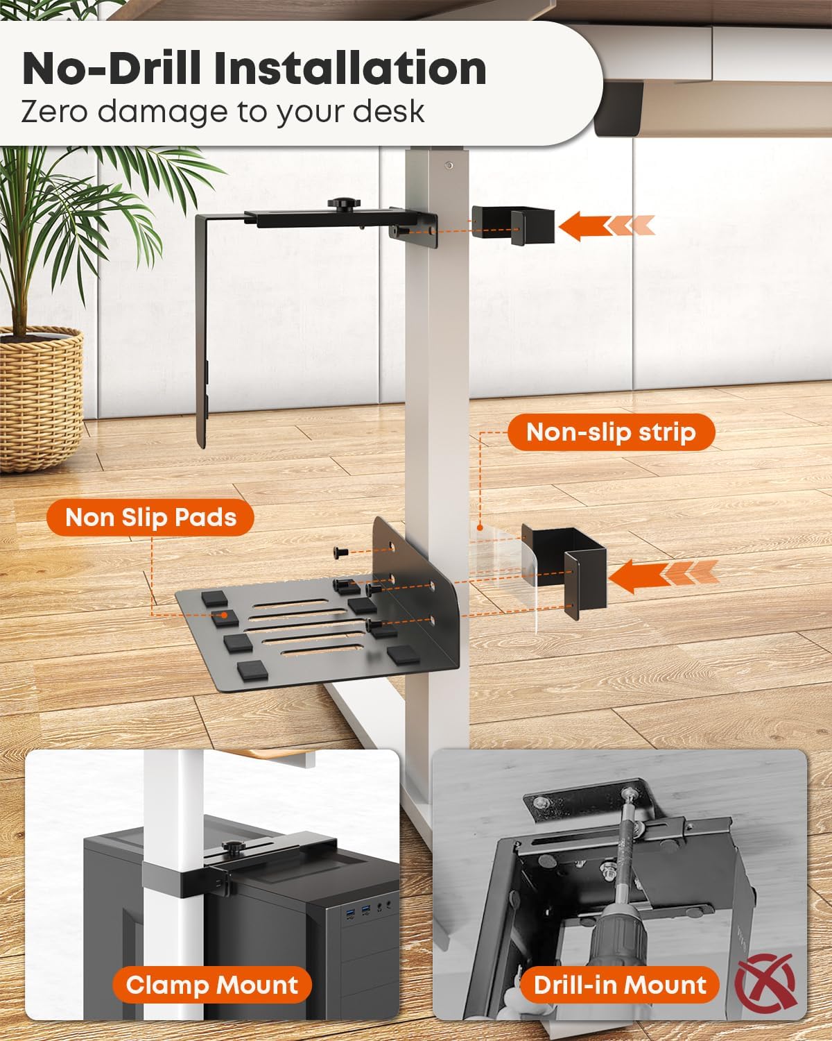Under Desk PC Mount for Standing Desk, Clamp-On PC Holder