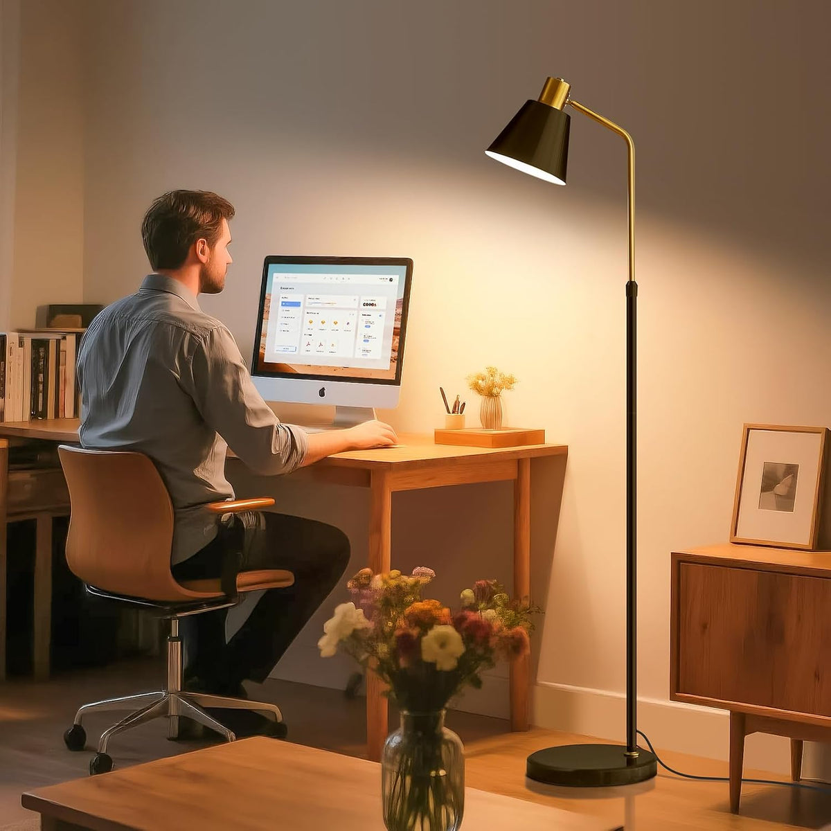 Bright Dimmable Black Gold Reading Floor Lamp, Adjustable Angle and Height