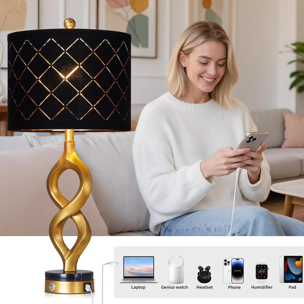 Rinweey Black and Gold Table Lamps Set of 2 for Living Room, 30" Tall Touch Control Bedside Lamps for Bedroom Nightstand, 3-Way Dimmable Modern Decorative Table Lamp with USB A+C Ports and 2 LED Bulbs