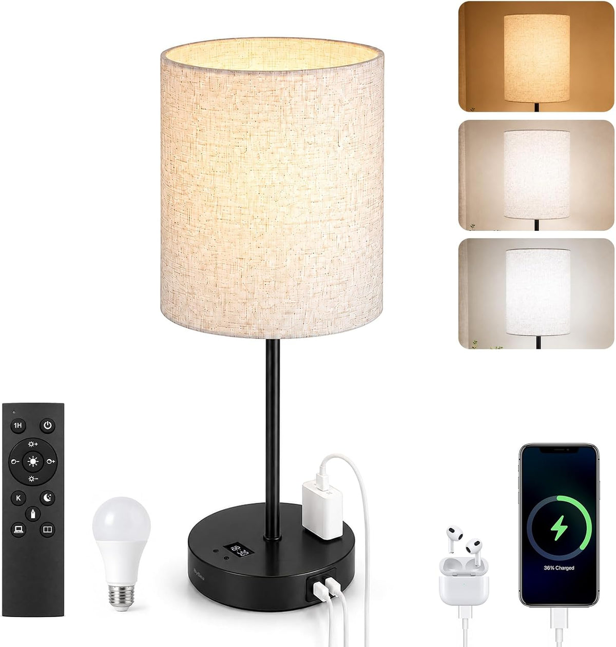 BySea Bedside Table Lamp with Clock, Remote, Touch On/Off, USB & AC Outlet