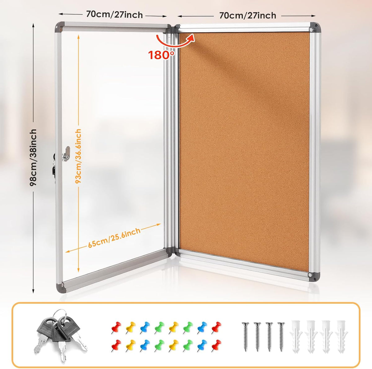 38x28 in Enclosed Bulletin Board Cork Display Case, Silver Frame