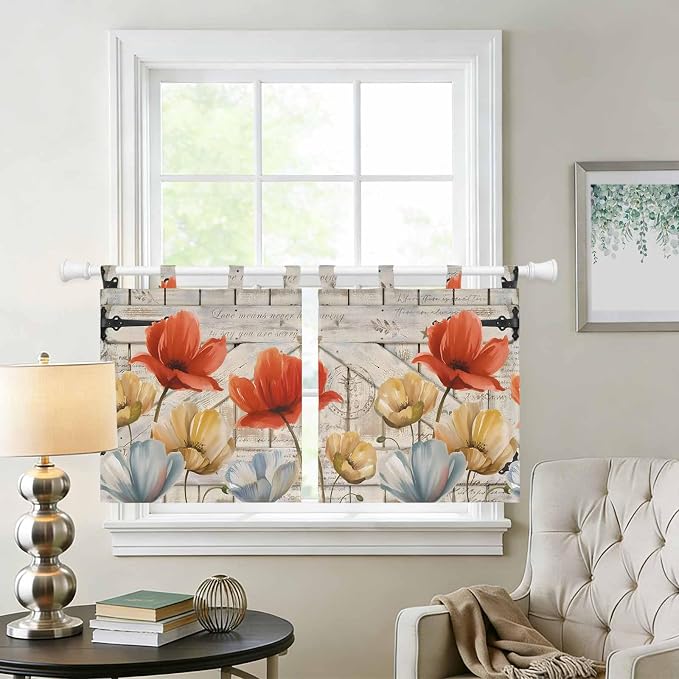 Retro Floral Kitchen Curtains 24 Inch Length, Small Window Curtains Tab Top
