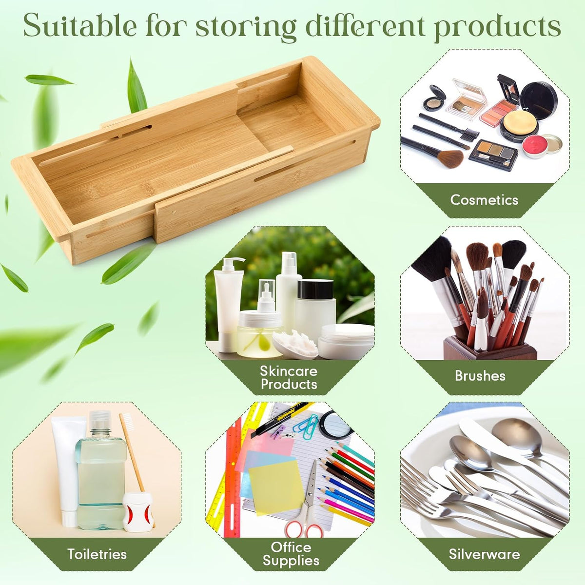 LemonRoad 2 Pcs Sliding Drawer Organizer Bamboo, Wood, 12.4-17.7 Inch