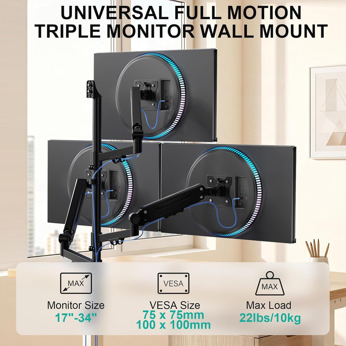 WALI Triple Monitor Wall Mount for 17-34 inch Screens, 22lbs per Arm, Black