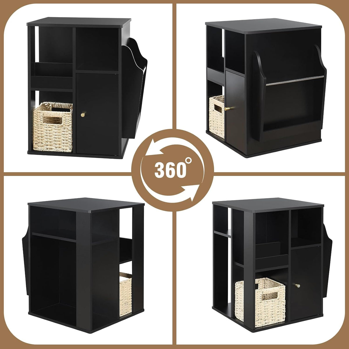 Square Rotating End Table with Storage, 16"D x 16"W x 23.3"H, Black