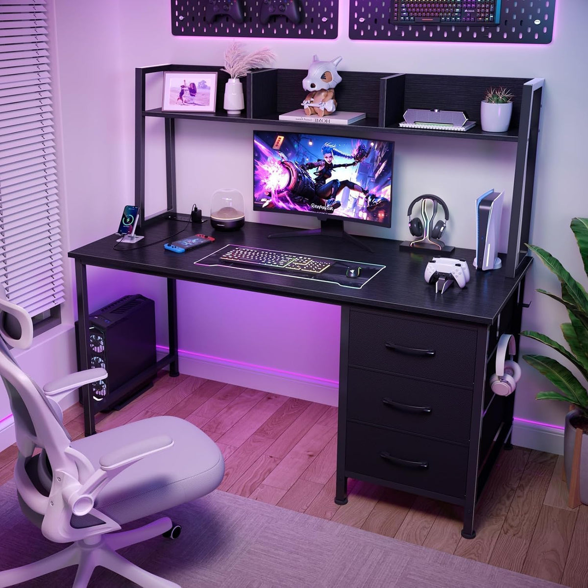 DLisiting Black Computer Desk with Hutch & Drawers, 47 Inch