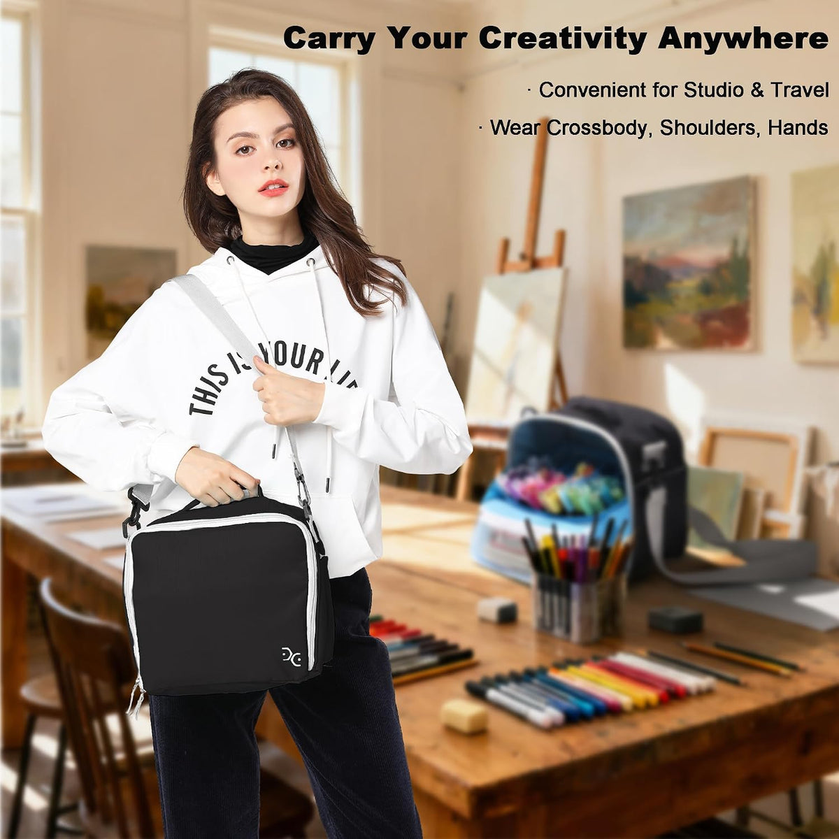 Togood Marker Organizer Bag - Large Storage Crossbody Tote for Marker Pens 130PCS+, Portable Art Supplies Case for Pens, Pencils, Books. Black