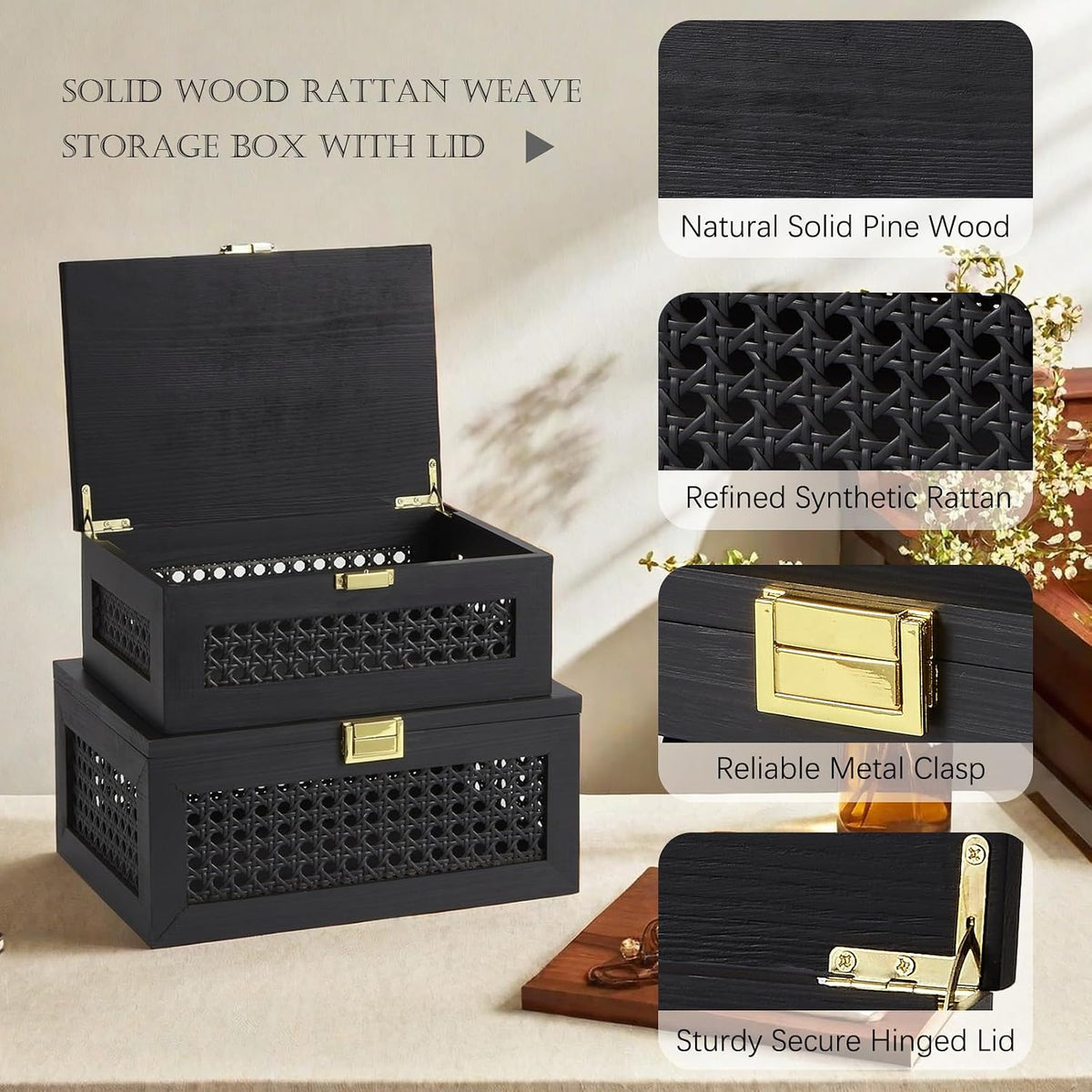 Decorative Rattan Storage Boxes Baskets with Lid Wooden Frame