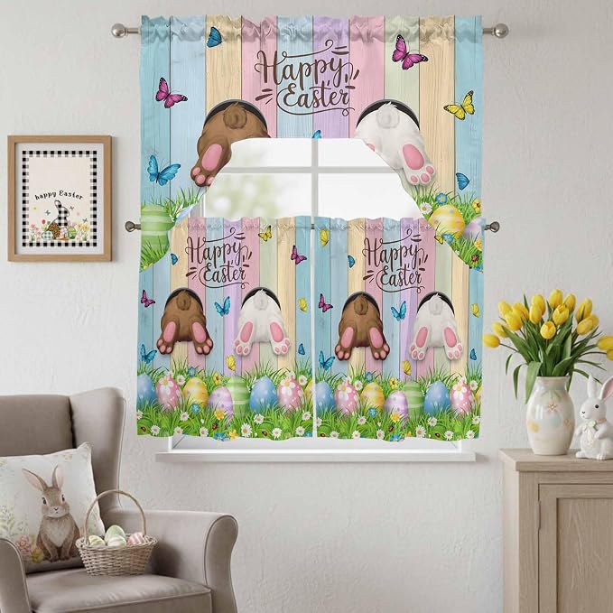 Swag Valance Curtains, Happy Easter Rabbit Butt Egg on Daisy Leaf Rod Pocket