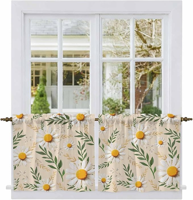 Spring Daisy Tier Curtains, Country Watercolor Flower Leaf Plant Light