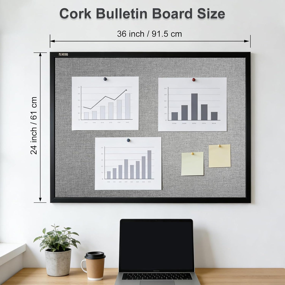 Cork Board, 36x24 Inch Wood Framed Bulletin Board with Gray Fabric