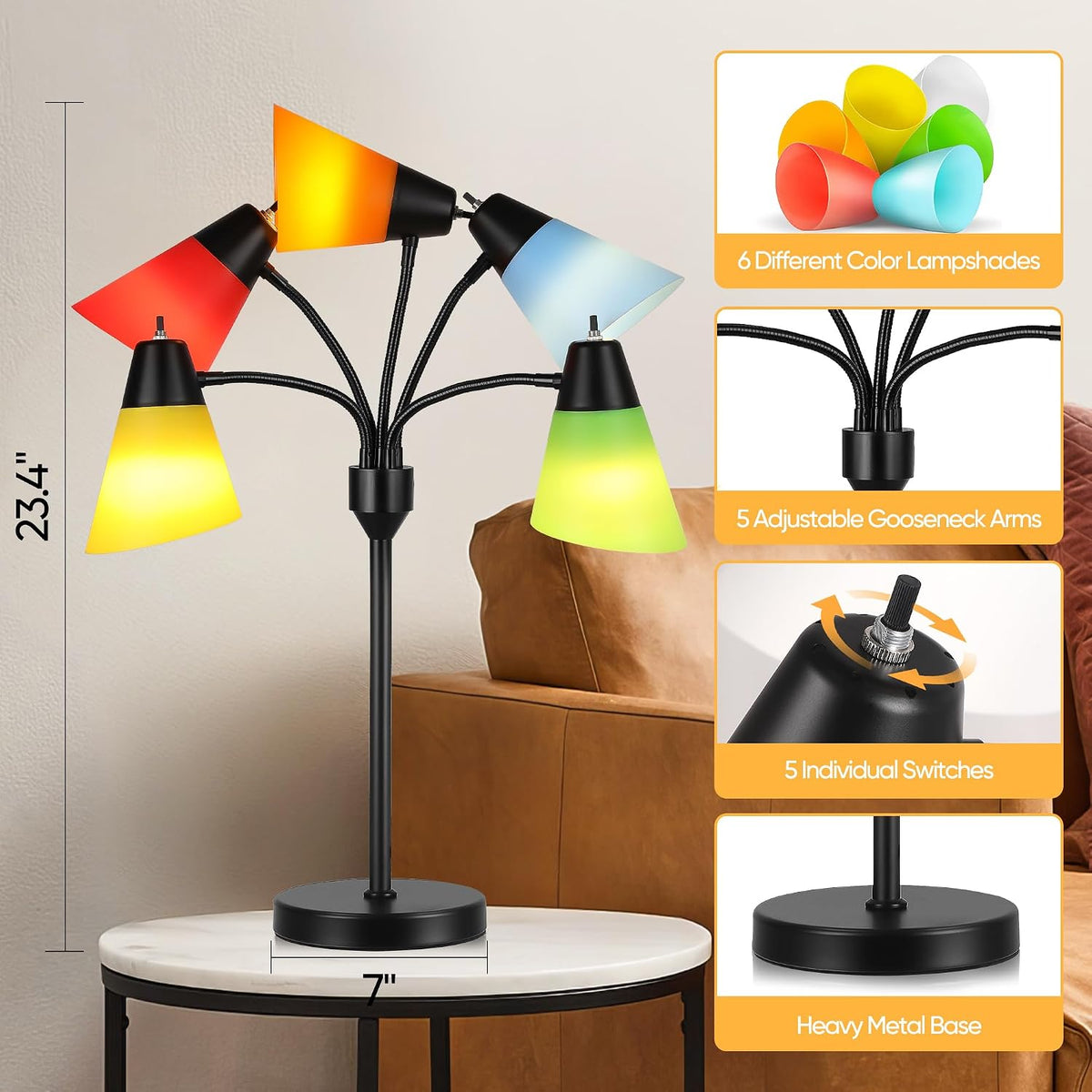 Medusa Bedside Table lamp for Bedroom,Modern Multi Head 5 Shade Lamps, Adjustable Gooseneck Lamp for Night Stands, LED Desk Lamps with Fun Light Multicolored Shades for Livingroom Room,Office(Black)
