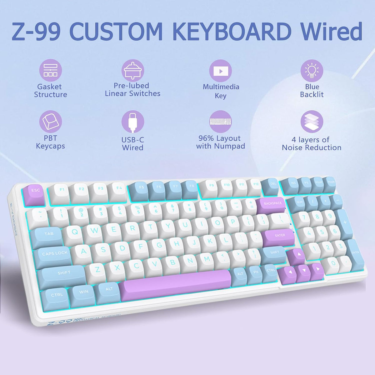 E-YOOSO 96% Wired Creamy Mechanical Keyboard, Cyan LED Backlit for PC/MAC