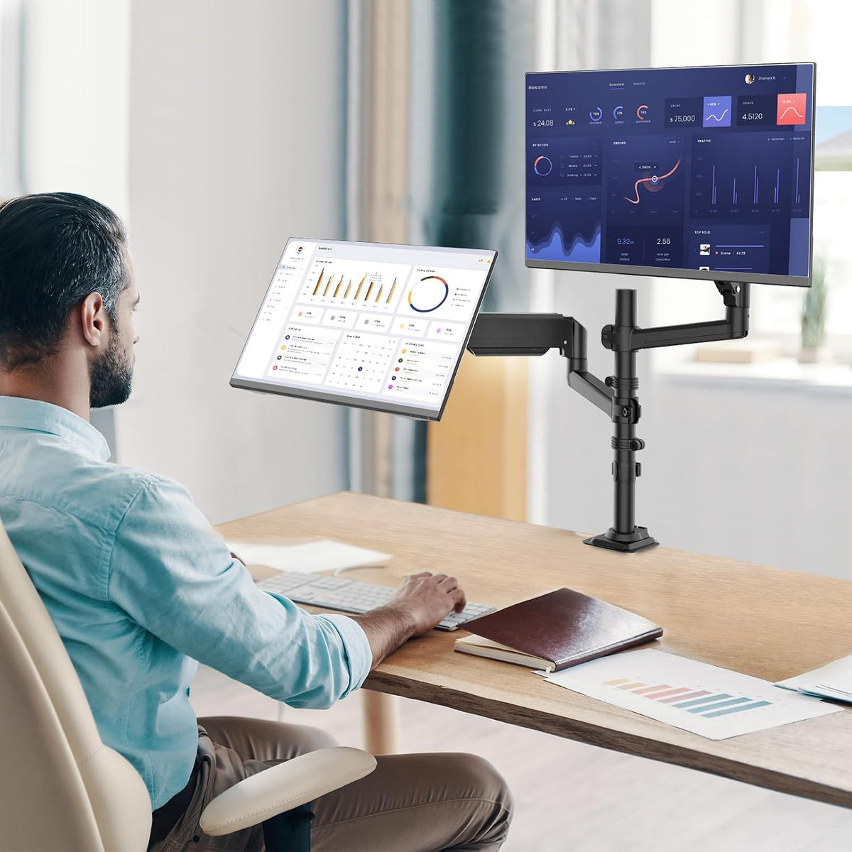 WALI Tall Dual Monitor Desk Mount for 13-33 inch Screens, 19.8 lbs per Arm