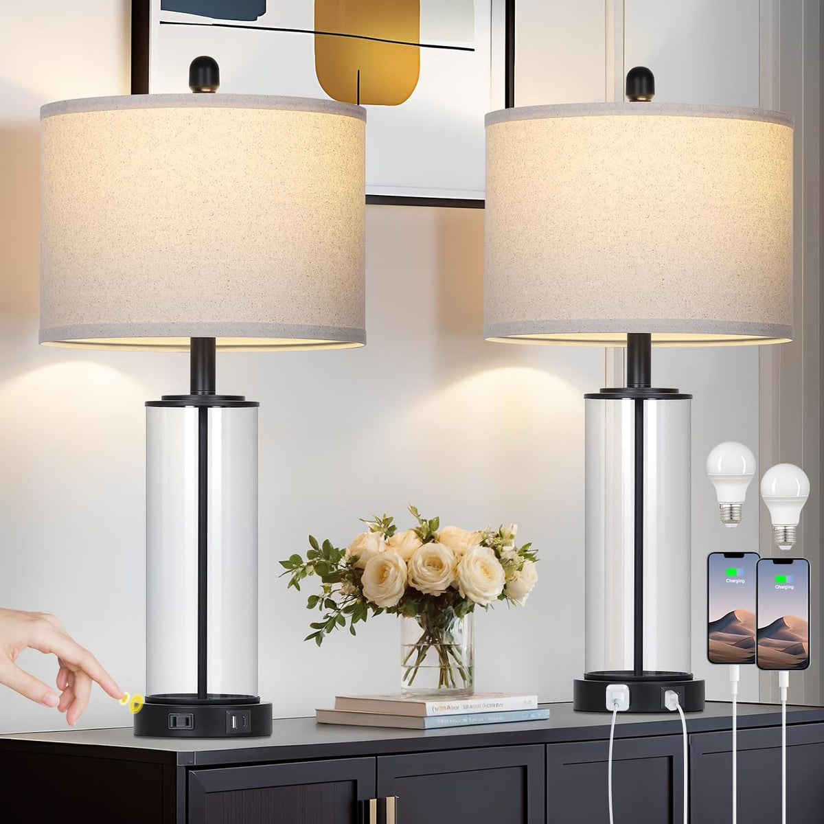 26" Black Glass Table Lamps Set of 2, 3-Way Dimmable Touch Control Living Room Lamp with USB C+A Ports & AC Outlet, Modern Bedside Lamps, Elegant Bedroom Lamps for Nightstand Side End Table Desk