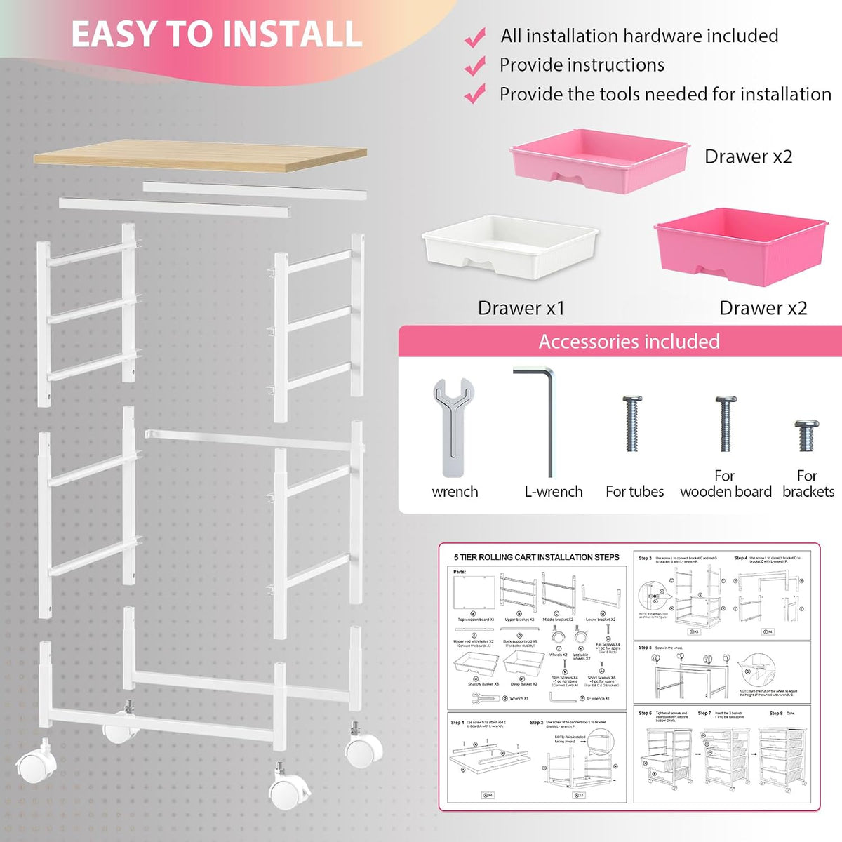 Goovilla Rolling Cart with 5 Drawers for Craft, Art, Dorm, Office, Pink