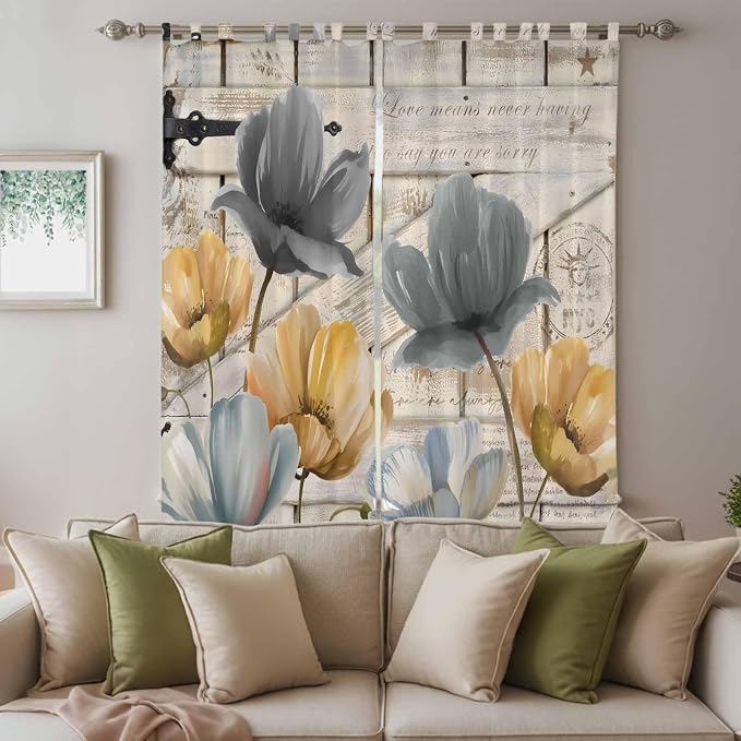 Spring Tulips Flower Living Room Curtains 84 Inch Length, Window Curtains Tab