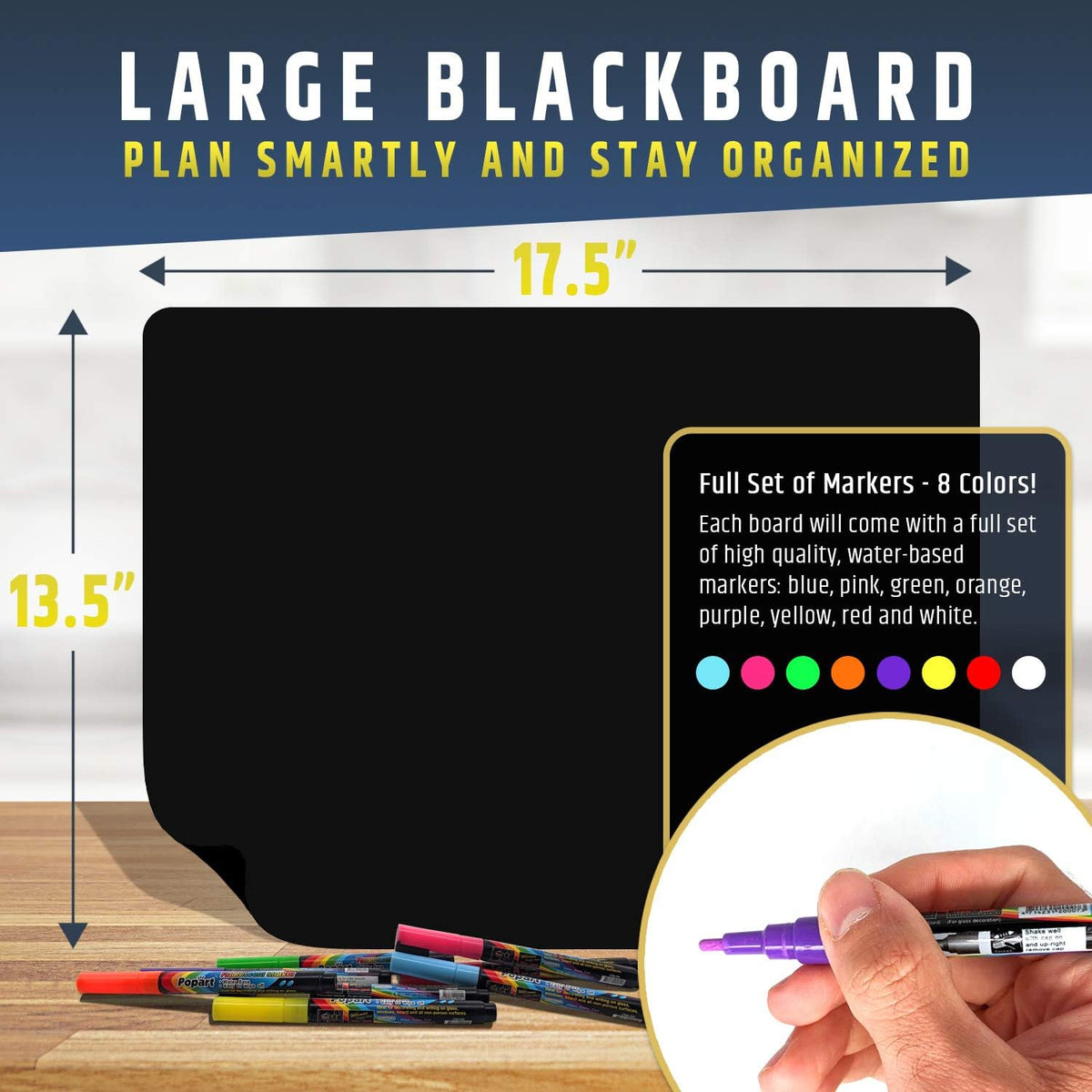 Premium Magnetic Wet/Dry-Erase Blackboard for Refrigerator (Fridge Chalkboard) - 17.5"x13.5" Large Size Black Organizer (Stain Free) | 8 Liquid Neon Chalk Markers | Grocery/to-Do Lists Board
