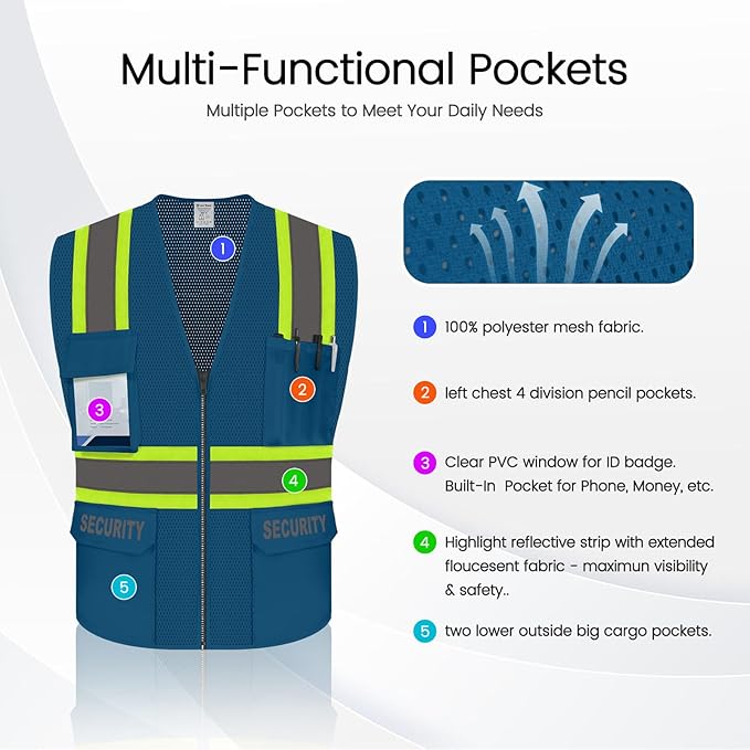 Security Vest for Men Women, Safety Vest with Pockets & Zipper, Neon Safety Work Wear with Reflective Strip, ANSI Compliant, Blue, 3XL