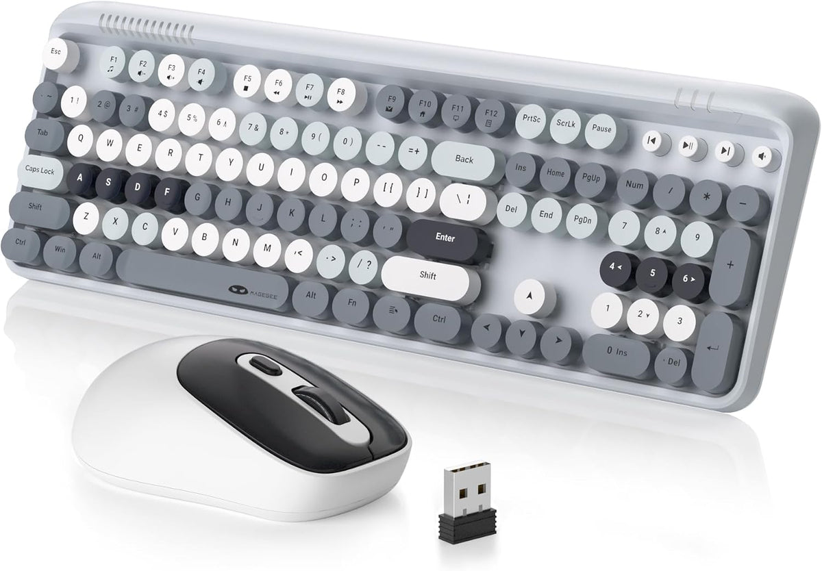 MageGee V920 Wireless Keyboard and Mouse Combo, 2.4G Full-Sized Retro Typewriter Keyboard with Round Keycaps & Auto-Sleep Mode, Cute Computer Keyboard and Cordless Optical Mouse for Laptop/PC (Gray)