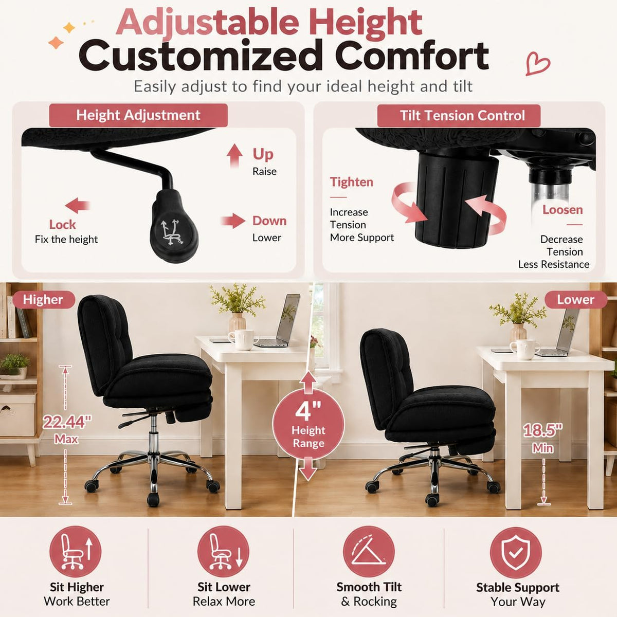 Criss Cross Office Chair, Armless Cross Legged Office Chair with Footrest