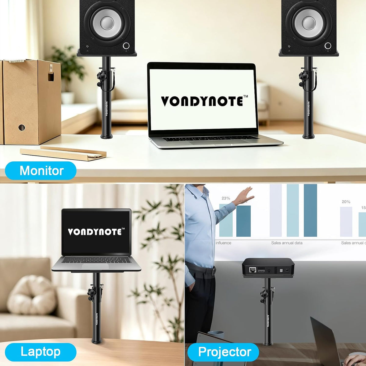 Vondynote Set of 2 Studio Monitor Stands Desktop Speaker Stands Height Adjustable 12" to 18" Speaker Stands with Desk Clamp