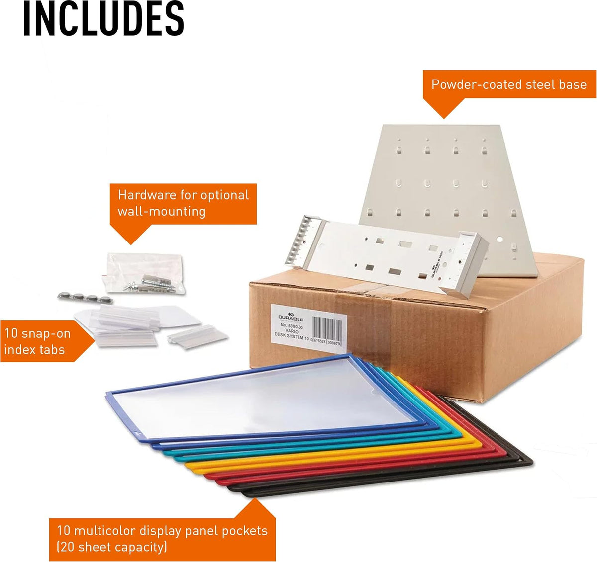 Durable VARIO 20 Pocket Desktop Reference System - Letter Size 10 Double-Sided Panels - Assorted Color Borders (Pack of 6)