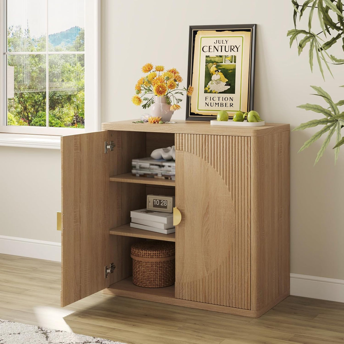 31.5" Fluted Sideboard Cabinet with Shelves & Soft-Close Doors(2,Light Oak)