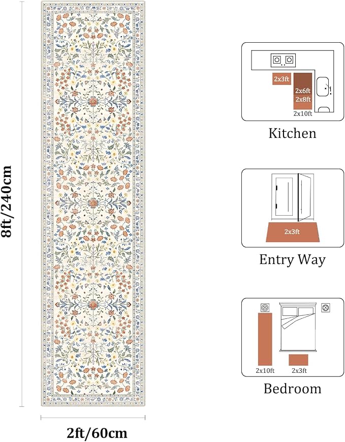 Yamaziot Washable Runner Rug 2x8 – Boho Non Slip Floral Hallway Runner Rug