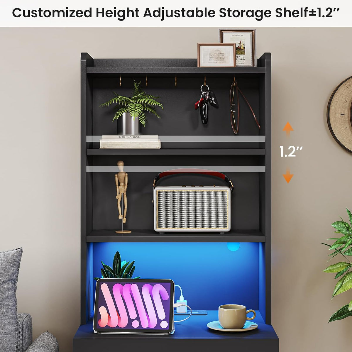 VIAGDO Tall Nightstand with Charging Station and LED Lights, Large Black Night Stand with Bookshelf, Modern LED Bedside Table with 3 Drawers and Storage Shelves, End Side Table for Bedrooms, Dorms