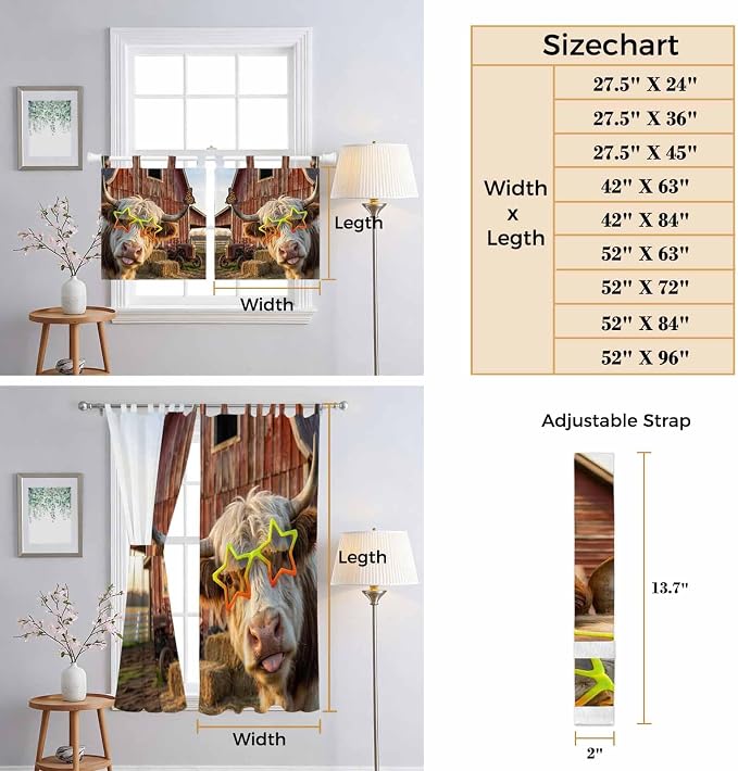 Farm Yaks Bedroom Curtains 72 Inch Length, Window Curtains Tab Top, Farmhouse