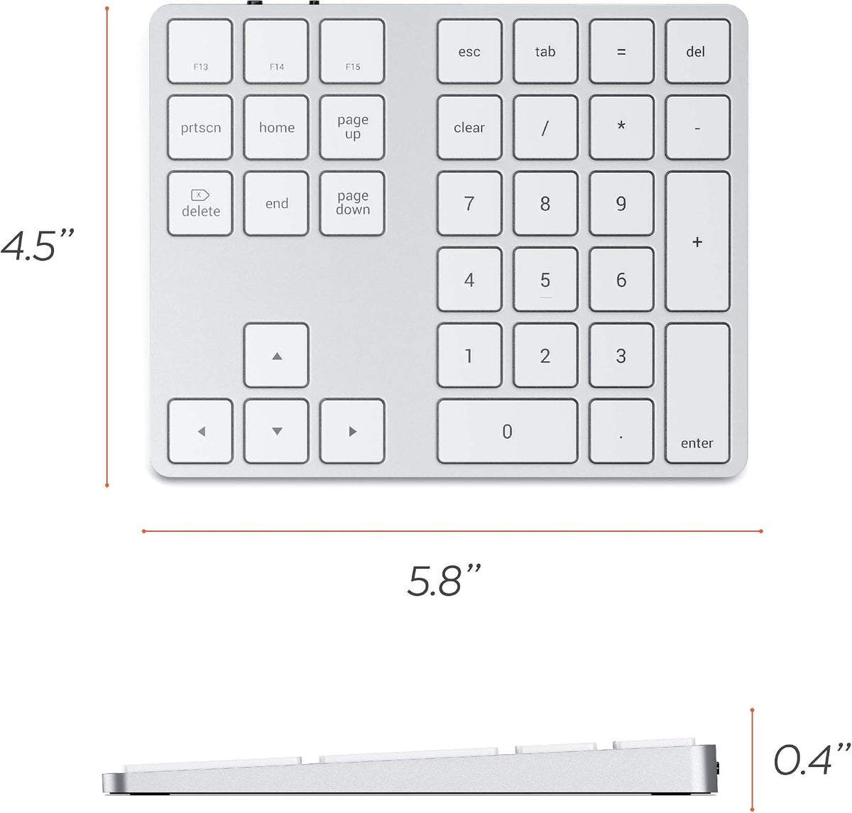 Satechi Bluetooth Extended Numeric Keypad, Rechargeable 34-Key, Silver