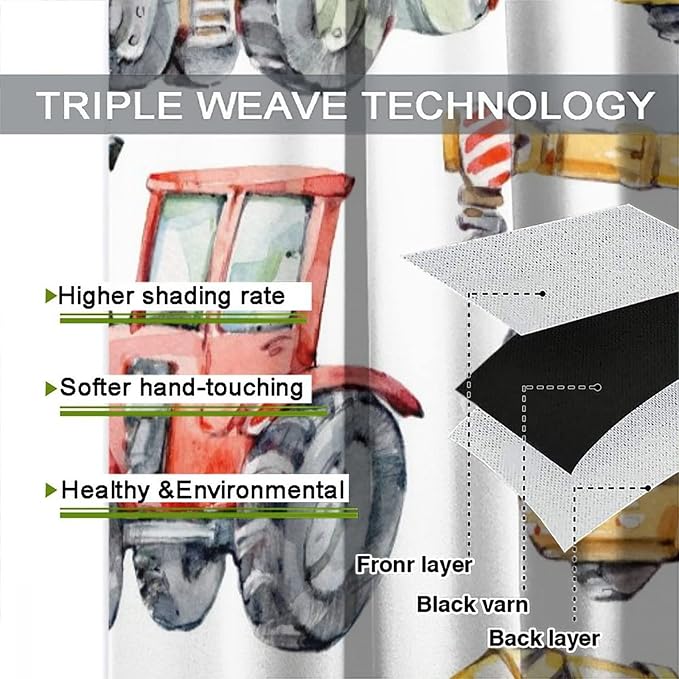 Kids Excavator Curtains, Retro Truck Tractor Machinery Construction Vehicle