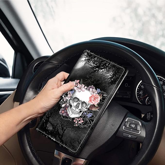 Car Registration and Insurance Holder, Leather Car Glove Box Organizer, Cool Car Accessories for ID, Driver's License Cards & Essential Document, business cards, Men&Women,Skull Flower