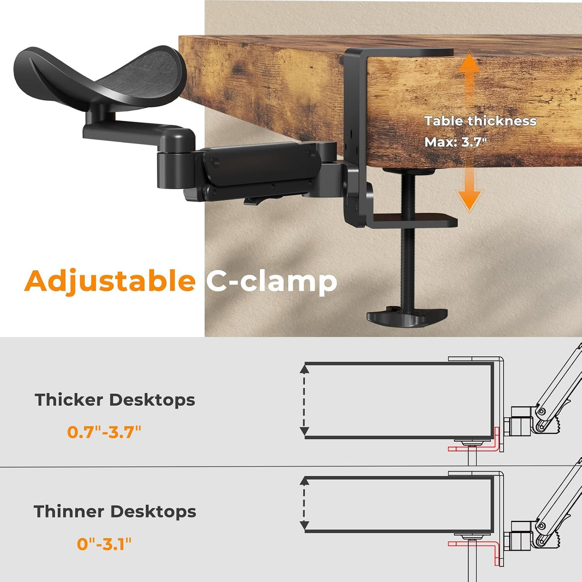 JOY worker Clamp-on Adjustable Arm Rest, 360° Rotating Elbow Rest for Desk