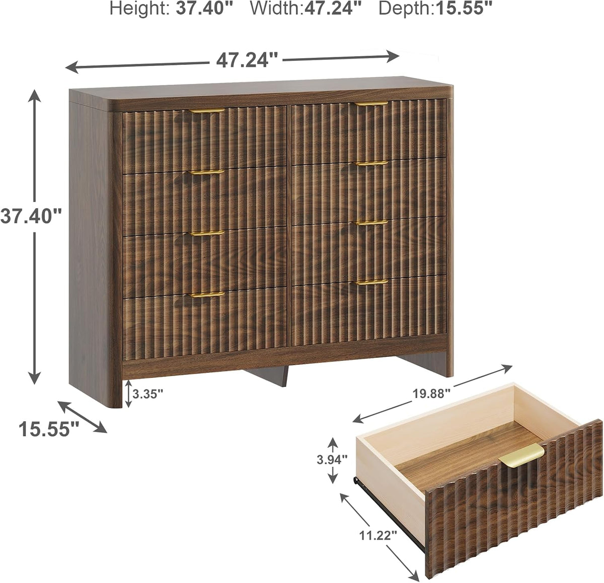 Fluted 8 Drawer Dresser for Bedroom, 47" Wide Modern Chest of Drawers with Metal Handle & Storage, Wooden Dresser TV Stand, Closet Clothes Storage Organizer for Living Room, Walnut Brown Dresser