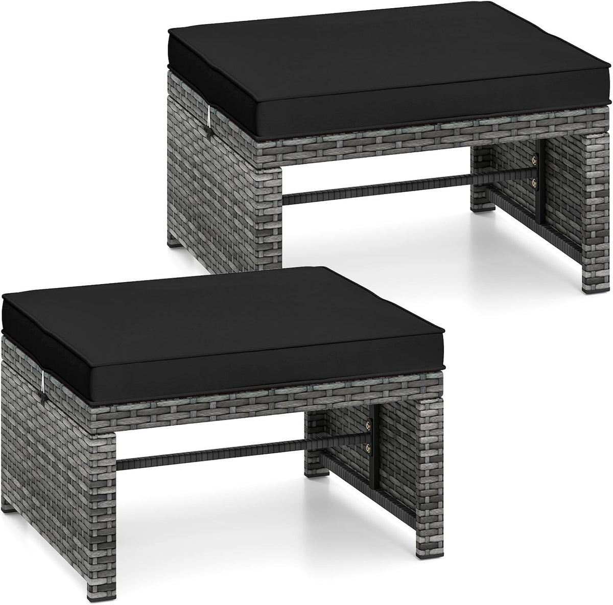 RELAX4LIFE Wicker Outdoor Ottoman Set of 2 - Rattan Footstools Foot Rest w/Removable Cushions, Multipurpose Side Table & Additional Seating, Outdoor Ottomans for Patio Garden Porch (Grey-Black)