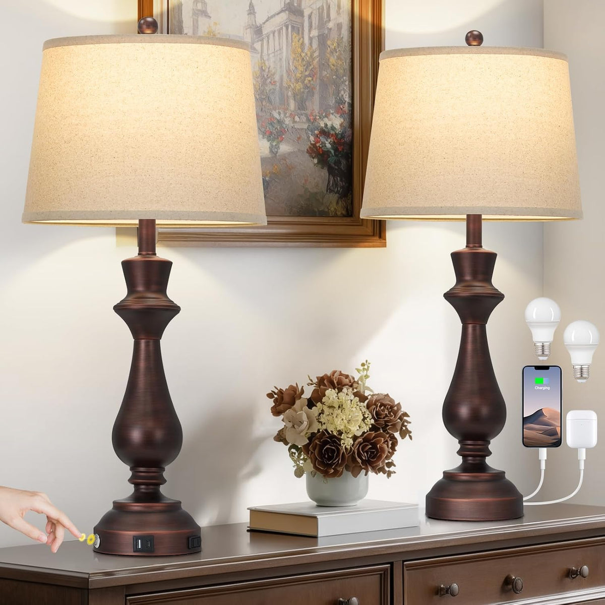 Vintage Table Lamps Set of 2 for Living Room,30" Tall Bedside Lamp with USB Charging Port,3-Way Dimmable Touch Nightstand Lamp for Bedroom Desk Side Table Office,Brown