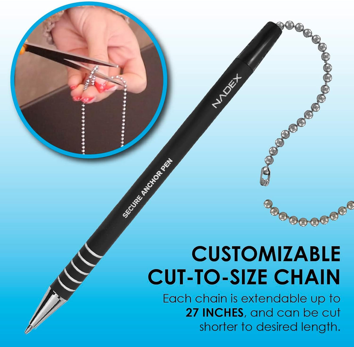 Nadex Ball and Chain Security Pen Set | 12 Pens, 12 Adhesive Mounts, and 12 Refills (Black)