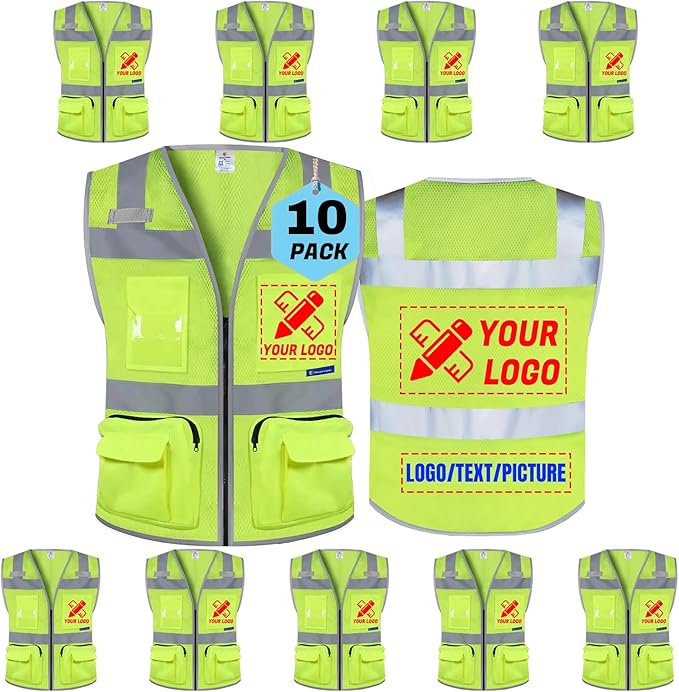 BeautyWill Custom Logo 10 Pack Safety Vest Mesh High Visibility Reflective Vest Customized Logo Utility Zipped Pockets Construction Workwear （Yellow,L）