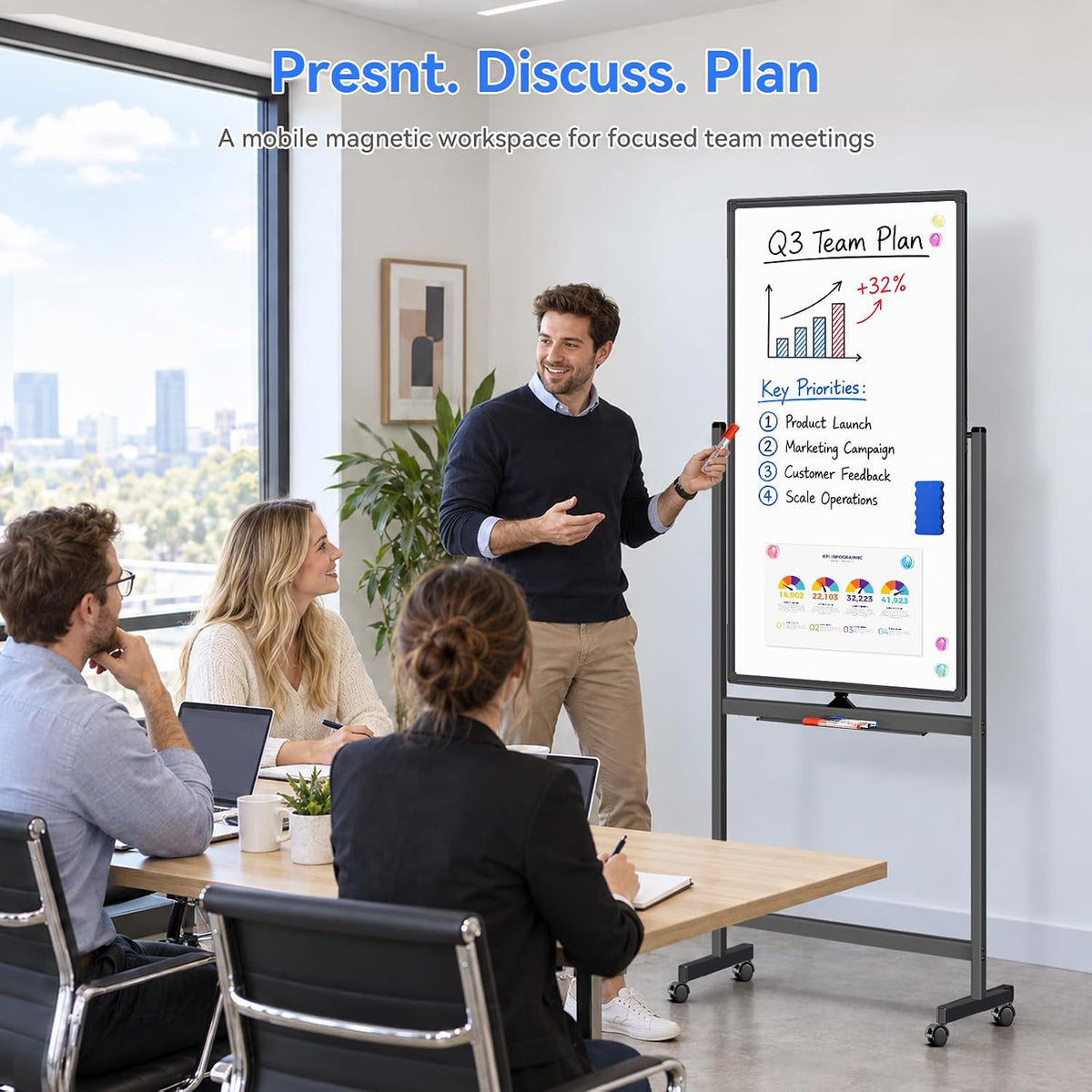 Maxtek Magnetic White Board on Wheels 40x24 Black Mobile Double-Sided Board