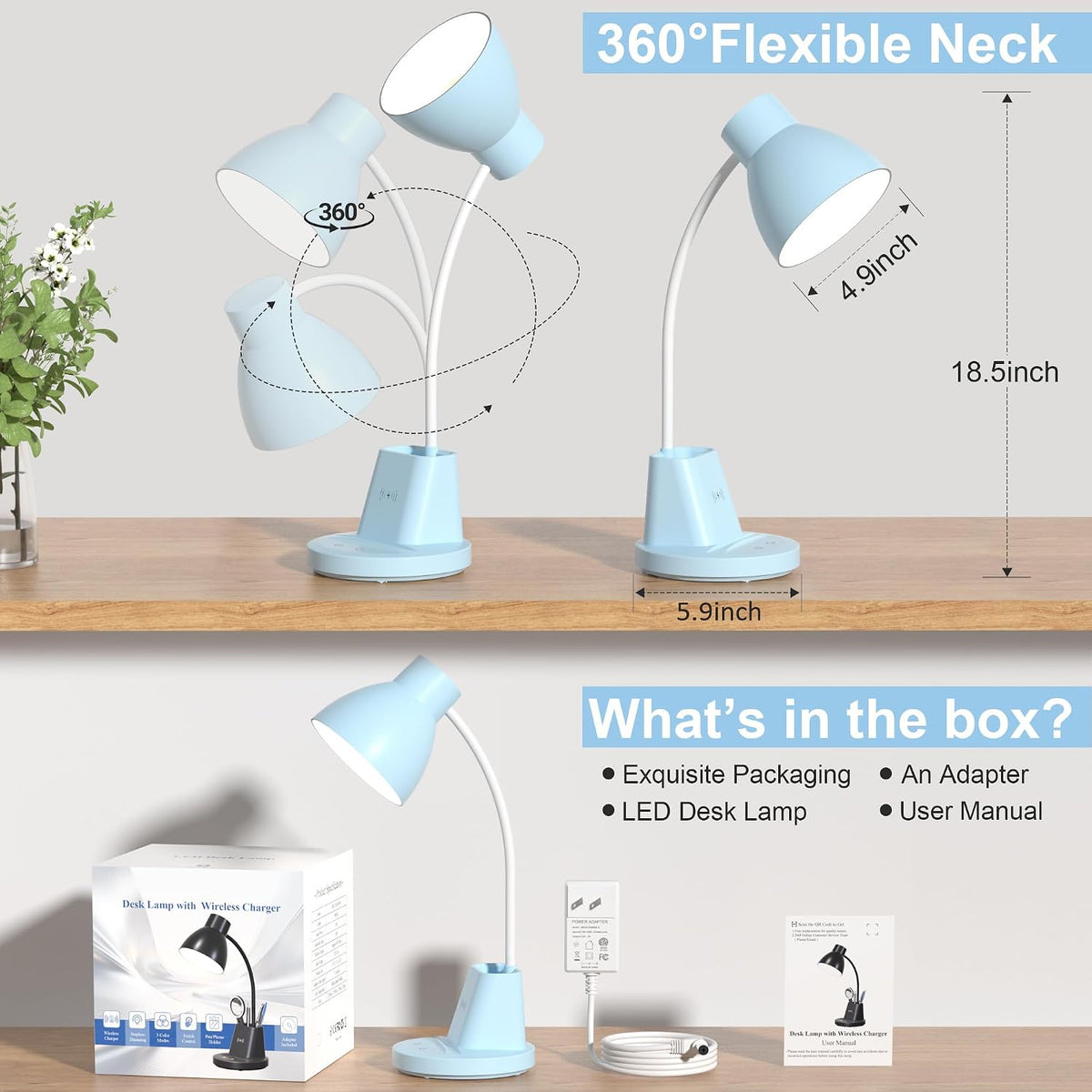 10W Wireless Charging LED Desk Lamp with Pen Holder, CRI 95, Blue