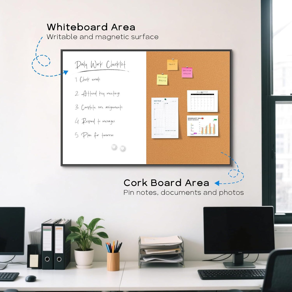 Magnetic Dry Erase White Board & Cork Board Combo, 24"x18", Wall Mounted