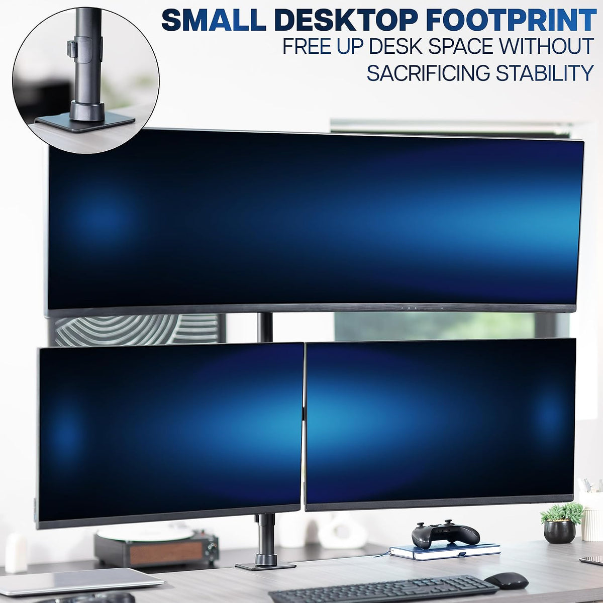 VIVO Triple Monitor Extra Tall Desk Mount for up to 49 inch Ultrawides on Center Bracket and 27 inch Screens on Side Brackets, Holds up to 44 lbs, Black, STAND-V103T
