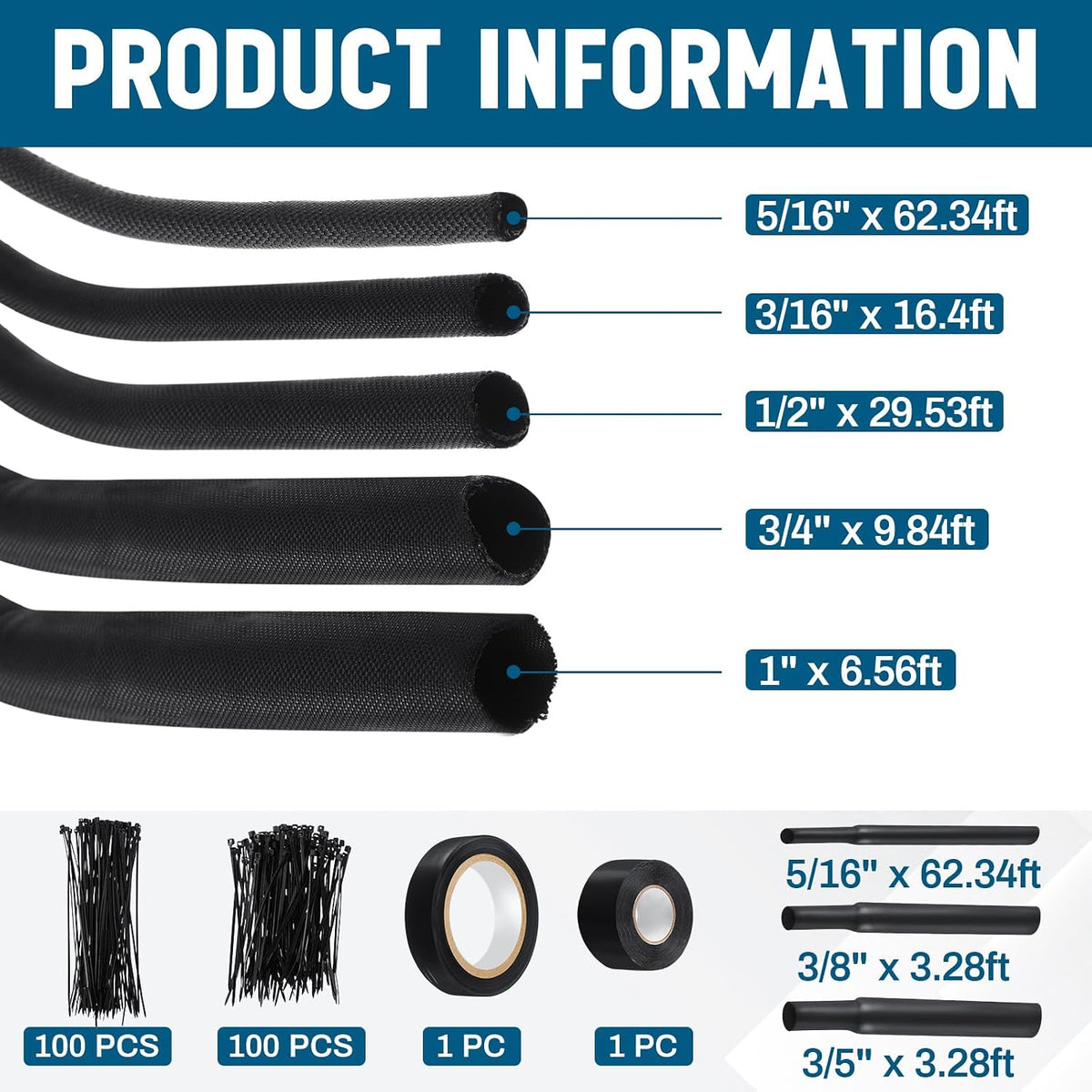 Nuanchu Wire Loom Sleeve Kit, Split Sleeving with Heat Shrink, Tape & Ties