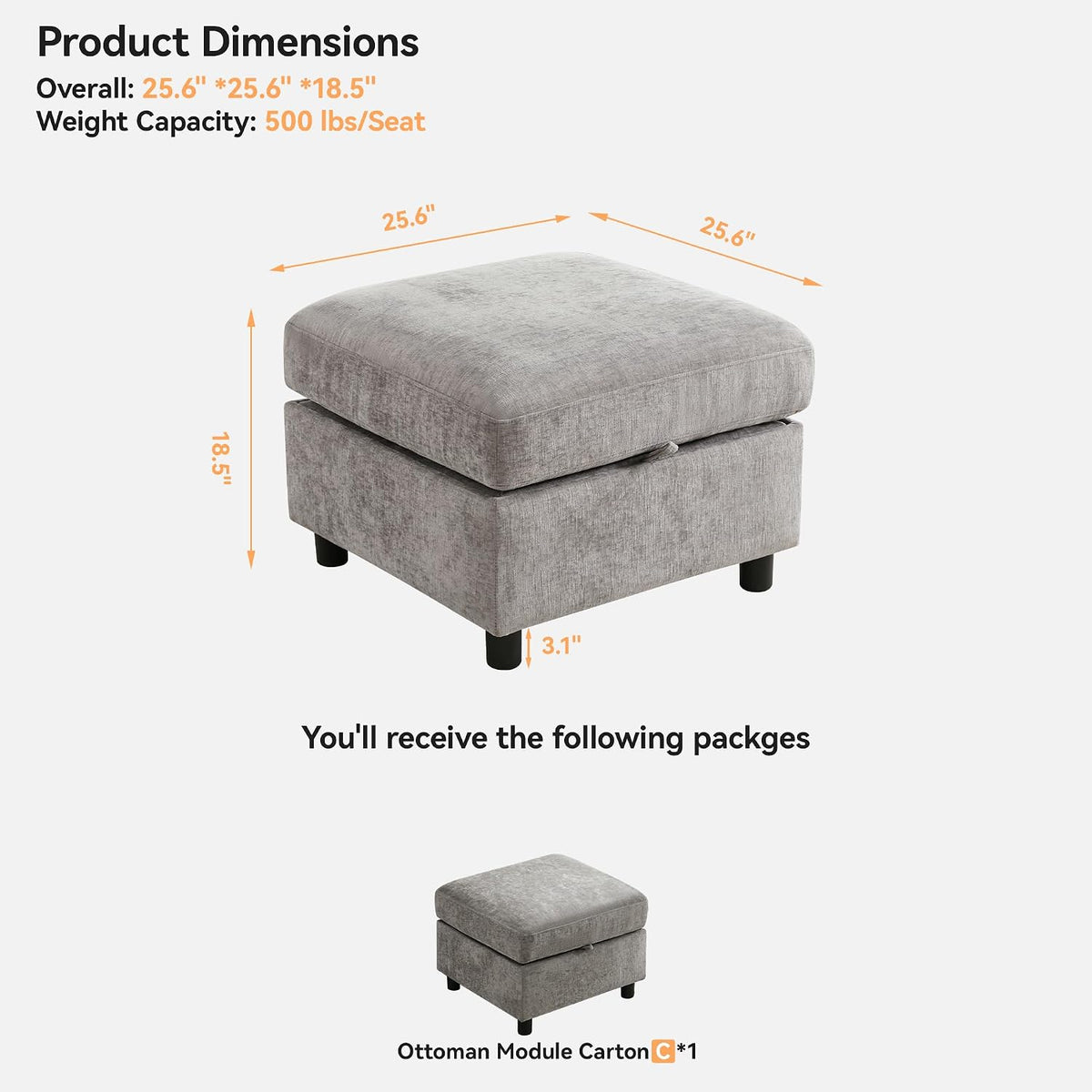 WUTUTUEE 25”Square Storage Ottoman Module for Modular Sectional Sofa, Living Room Coffee Table Sectional Ottoman Footrest for Convertible Couch, Chenille Light Grey